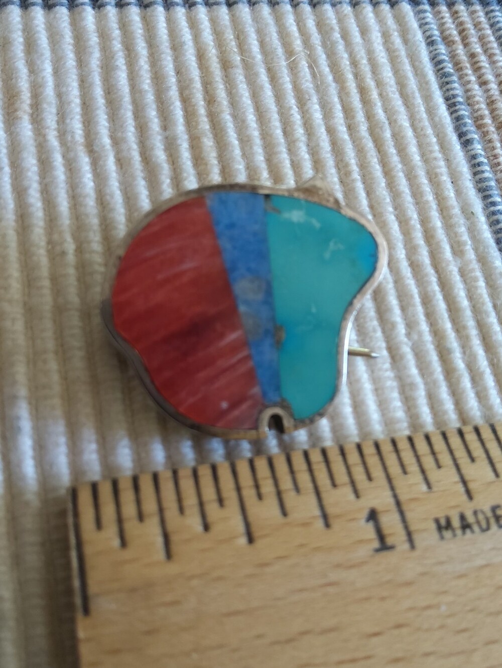 Vintage Sterling Inlay Bear Brooch - Red, Blue, Turquoise Marked Royer